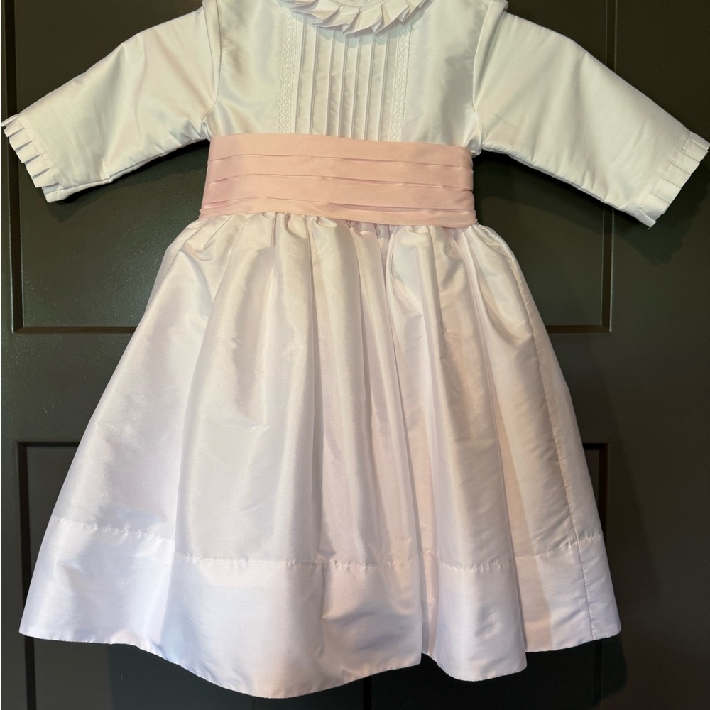 White Formal White Silk Dress with Pink Sash